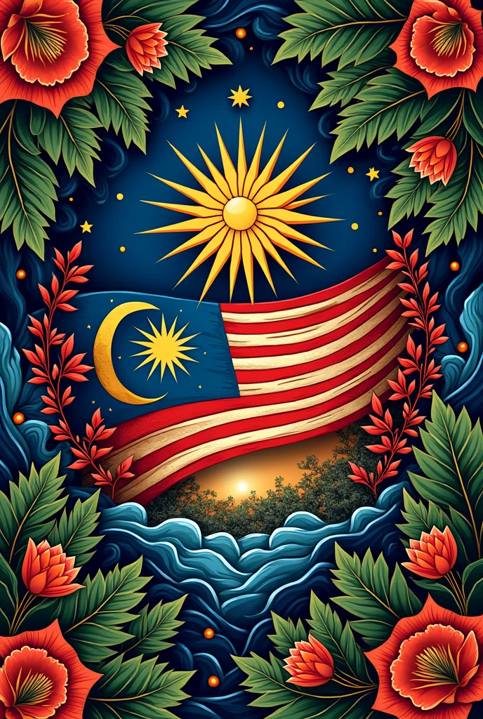 Batik design inspired by Malaysia's Independence Day (Hari Merdeka), featuring traditional patterns and national symbols.
