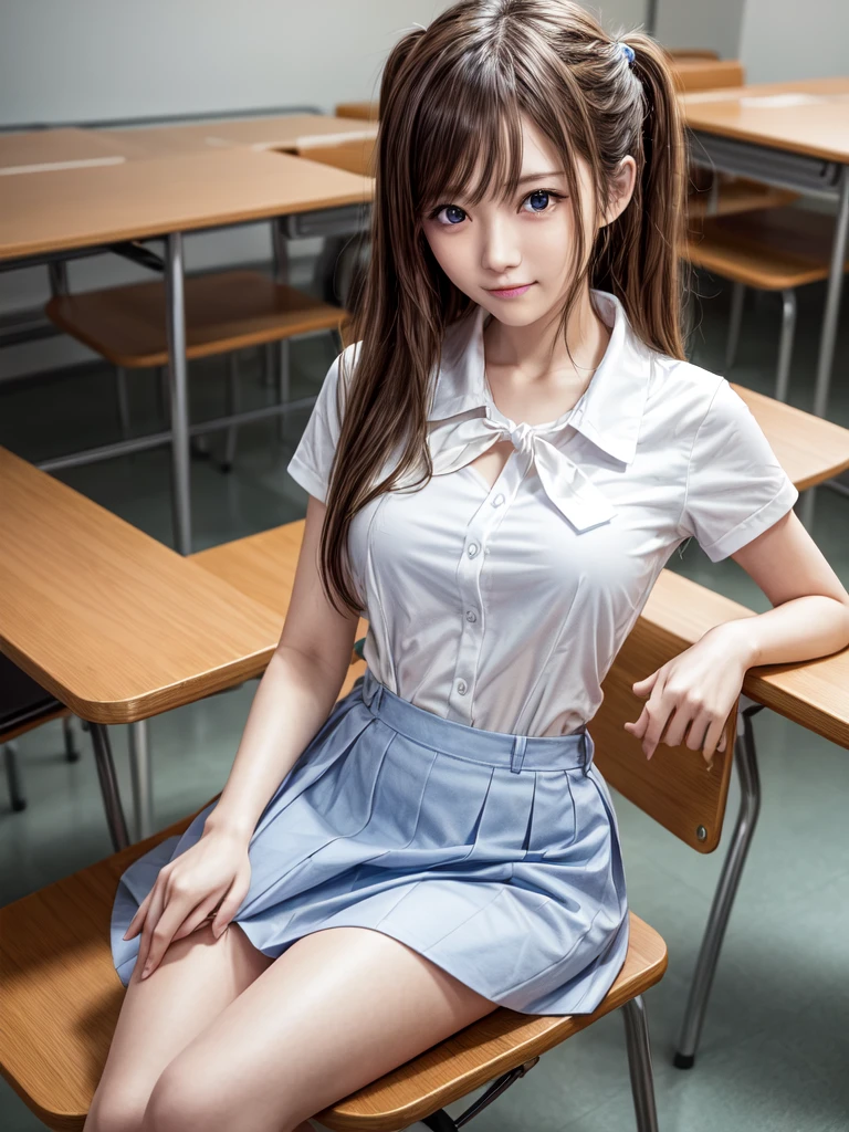 (8k, Highest quality, The pieces fly:1.2)、Ultra-high resolution、anime,1. Very cute,Asuka Langley,Highly detailed face, Fine grain,blue eyes,,White sailor collar plain short sleeve shirt,Light blue skirt,Light blue suspenders,uniform_Red ribbon,Orange Hair,Long Hair、Detailed hand and fingers,put your hands in your hair,Grin、sitting on desk,Shooting from above,classroom