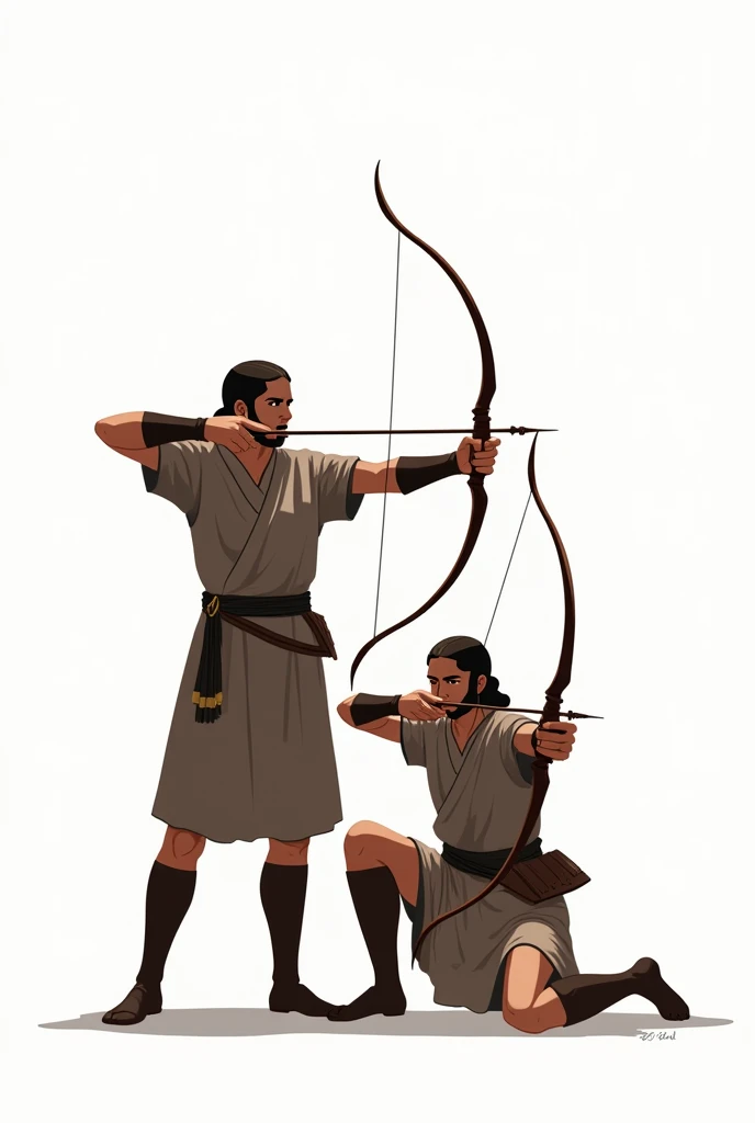 Creat two anciets light bow soldiers on standing and ahooting other on one knee and shooting facing in same direction white background and 2d art withiut complexities