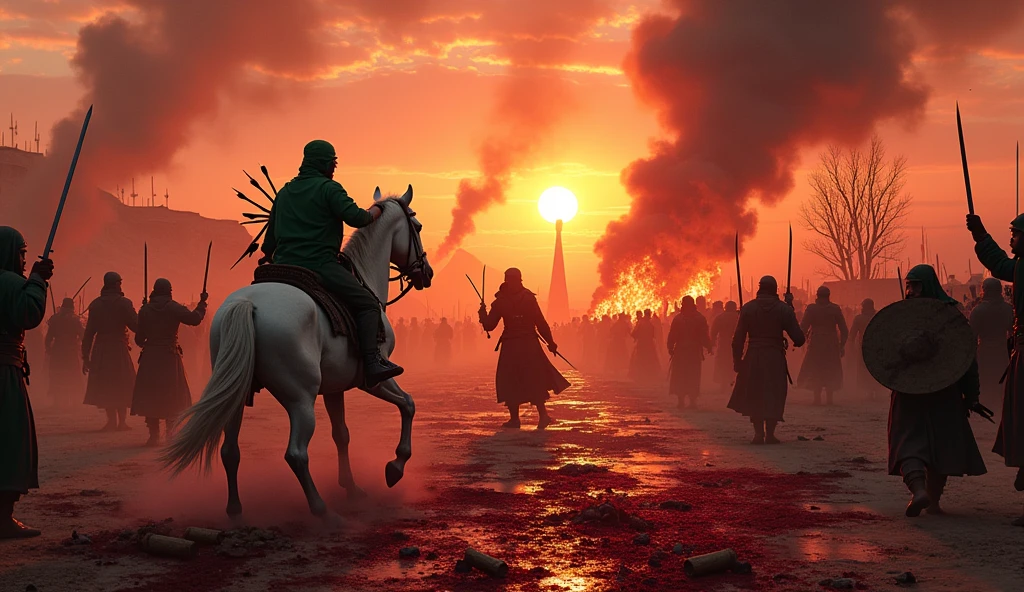bloody sky, sun set, arrow everywhere, burning tents, date trees, blood everywhere, bloody swords, army with swords, knife, sheilds, and fire woods in his hand, a white wounded horse, a men which wear green hijab and proper fighting suit and a men hand were cut off in battel , heavy smoke, a bloody  river