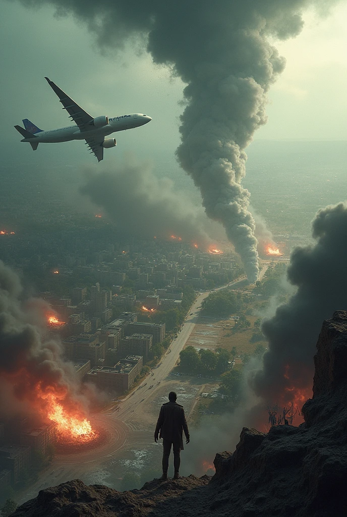 A scene of a plane crashing into the ground, with a tornado arriving in the city and a horde of zombies in the rural area with a lot of destruction and a view from the top of a mountain, super realistic and with extreme violence