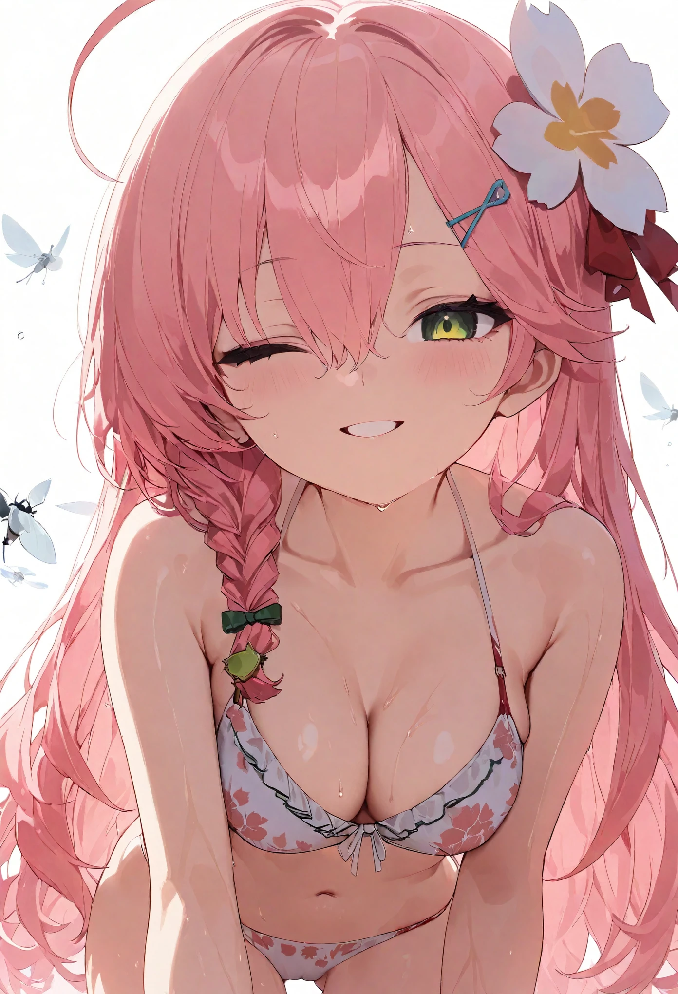 (piece flies), (Best Quality), (score_9, score_8_above, score_7_above), very detailed eyes, expressive eyes, perfect face, Very detailed face, Very detailed face, beautiful girl, 8k, beautiful girl, (White background:1.3), Delicate and beautiful face and eyes., dark and intense shadow, 1 girl, Alone, vtuber style, cool girl, holoviva, Sakura Miko, green eyes, pink hair, Ruffled bikini, floral print, Rosa Bikini, hair flower, one side above, He drowned, by the wide, big chest, neckline, under the chest, cropped shoulders, clavicle, camel toe, exposed navel, wet body, wet hair, one eye closed winking, smile, body visible through clothing, chest visible through clothing, ass visible through thighs, oily and shiny skin, (Whole body), barefoot, bare thighs, Session, open legs, from below, crotch point of view,