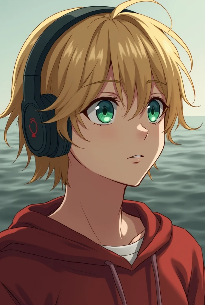 Create an anime-style image of a male character with blond hair, Wearing Headphones, greeneyes, he has a small wart on his nose, and he&#39;s wearing a red sweatshirt and has a reflective expression looking at the horizon 