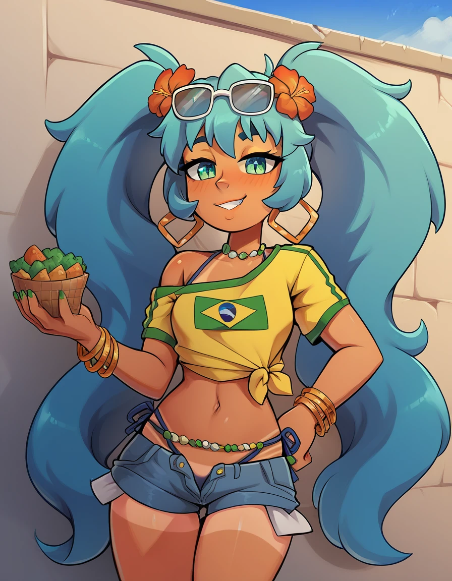 brmeek, twintails, very long hair, dark-skinned female, tanlines, hair flower, hoop earrings, eyewear on head, necklace, yellow shirt, midriff, jewelry, belly chain, bracelet, bikini under clothes, side-tie bikini bottom, short shorts, denim, brazilian flag print, single bare shoulder, side tie, tied shirt. rio de janeiro, Brazil, outdoor, holding tacacá, food