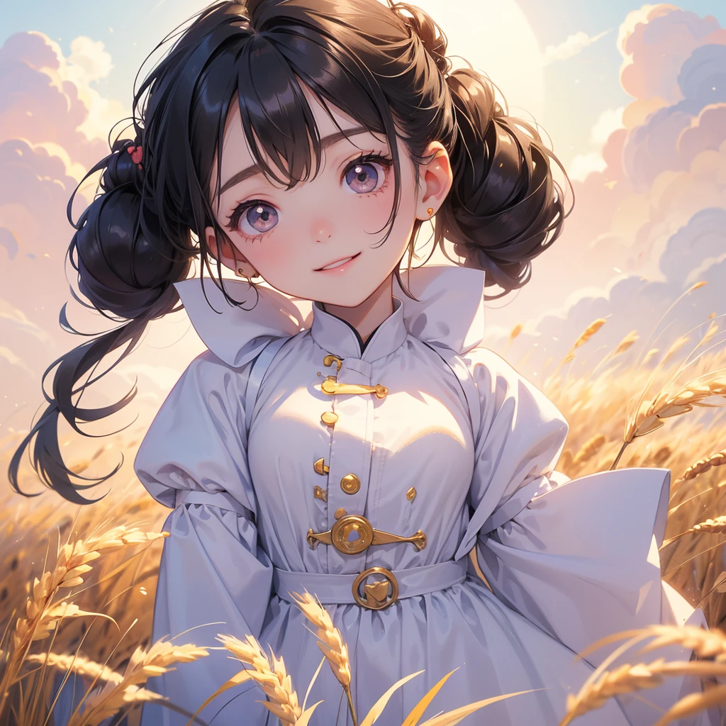 A chibi child girl had a small face and wearing a little tourist priest’s outfit, a pair of big round eyes shone with curiosity about him. This child was so cute, her hair is black with buns on her hair. Small chibi , chibi baby, smiling , chibi.
Standing in the middle of a wheat field, There are some floating clouds.
