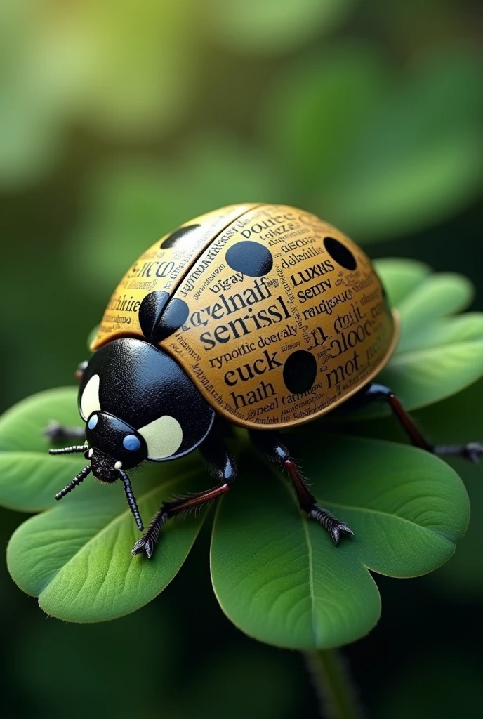 a ladybug on top of a clover the ladybug is made up of words (luck in different languages) of different opacity of black and gray