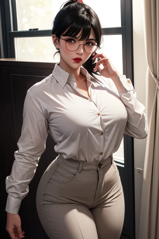 Beautiful 3 teacher black hair ponytail bangs brown eyes red lips blushing face firm body perfect breasts white button down shirt tight formal pants would be blushing face would be blushing cheeks nude glasses 