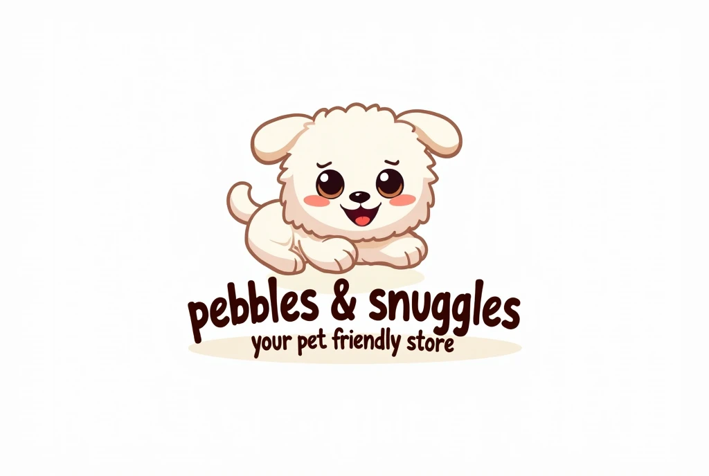create a banner for a pet shop that contains a cute kawaii white dog jumping over an obstacle while he seems happy, the background is white, there isn't any human, the dog is jumping over a text showing "PEBBLES & SNUGGLES", underneath the text, it's written,"your pet friendly store". (( this is a banner for a shop )), no background