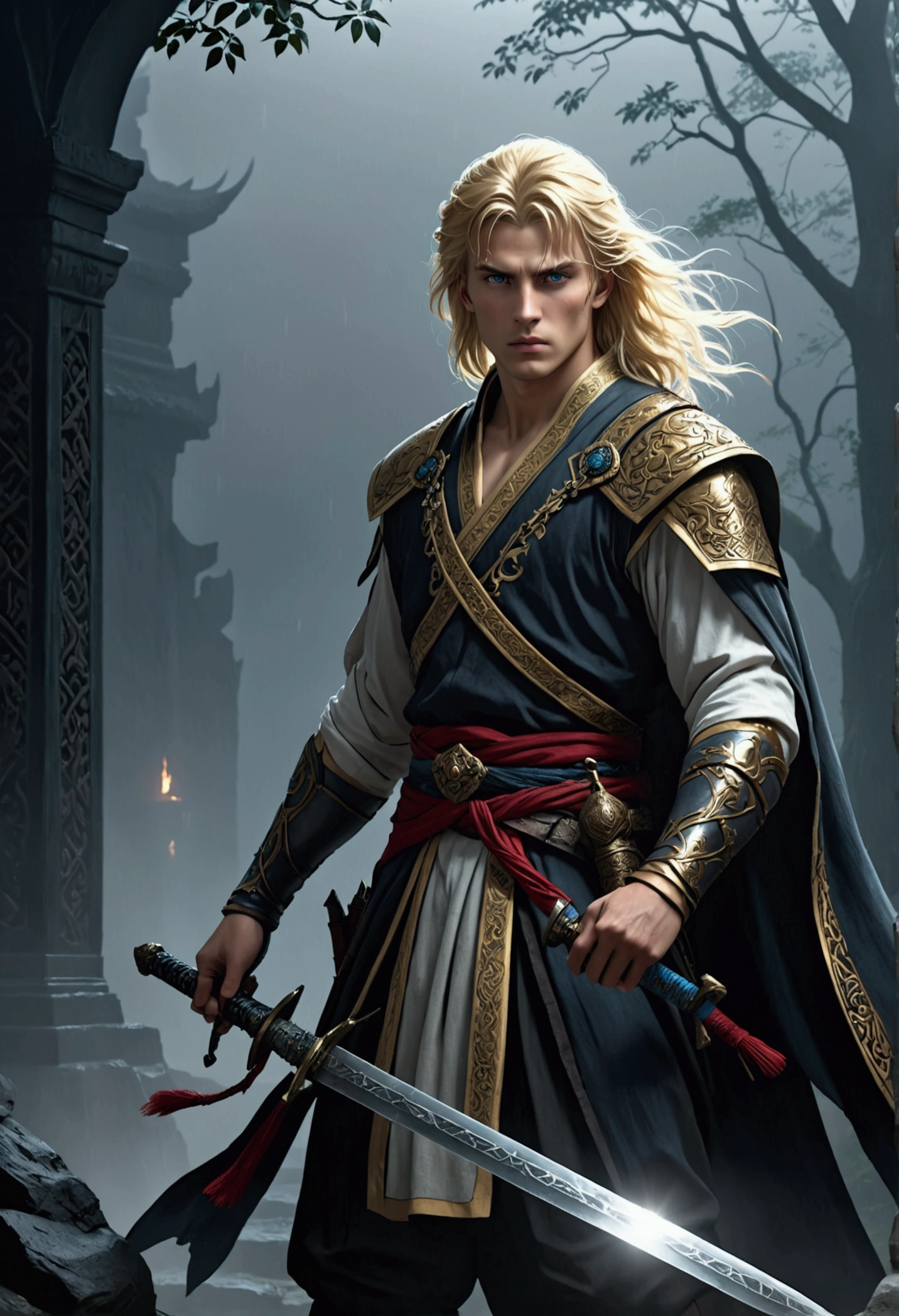 a young blonde-haired male european warrior,traditional eastern attire,large sword,powers of death,shadowy entity,dark misty environment,(best quality,4k,8k,highres,masterpiece:1.2),ultra-detailed,(realistic,photorealistic,photo-realistic:1.37),dramatic lighting,cinematic composition,intricate details,hyper realistic,dark fantasy,epic fantasy,moody atmosphere,dramatic shadows