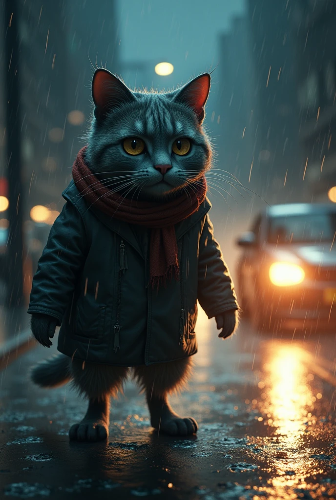 A dramatic, rain-soaked street at night where Dodo, the father cat, crosses the road. He is weary and drenched, his large, expressive eyes filled with fatigue as he walks. The scene shifts to a car’s headlights piercing the darkness, the screech of tires, and the inevitable collision. The moment is captured in shocking detail, with raindrops glistening in the harsh light. The style should be highly detailed, with anthropomorphic features and soft textures, evoking deep emotion, similar to the reference image.
