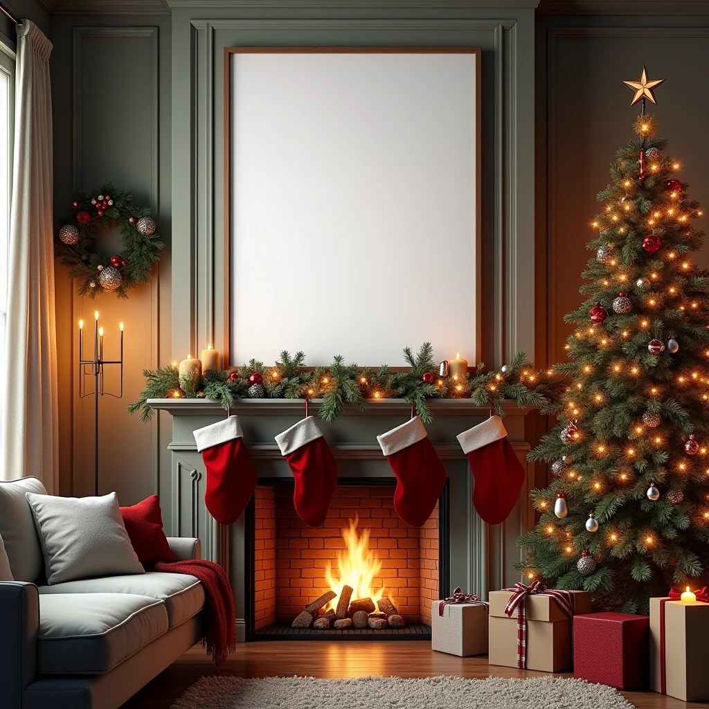 An ultra-realistic living room decorated for Christmas, with a vertical DIN A-sized white-framed canvas hanging on the wall above a cozy fireplace. The blank canvas remains untouched, with only subtle and minimal reflections from the warm Christmas lights around the mantel and the soft glow of the fireplace. A beautifully decorated Christmas tree stands nearby, casting faint shadows, while the canvas stays mostly white. The room is filled with holiday decor, including garlands and stockings, creating a detailed and festive atmosphere