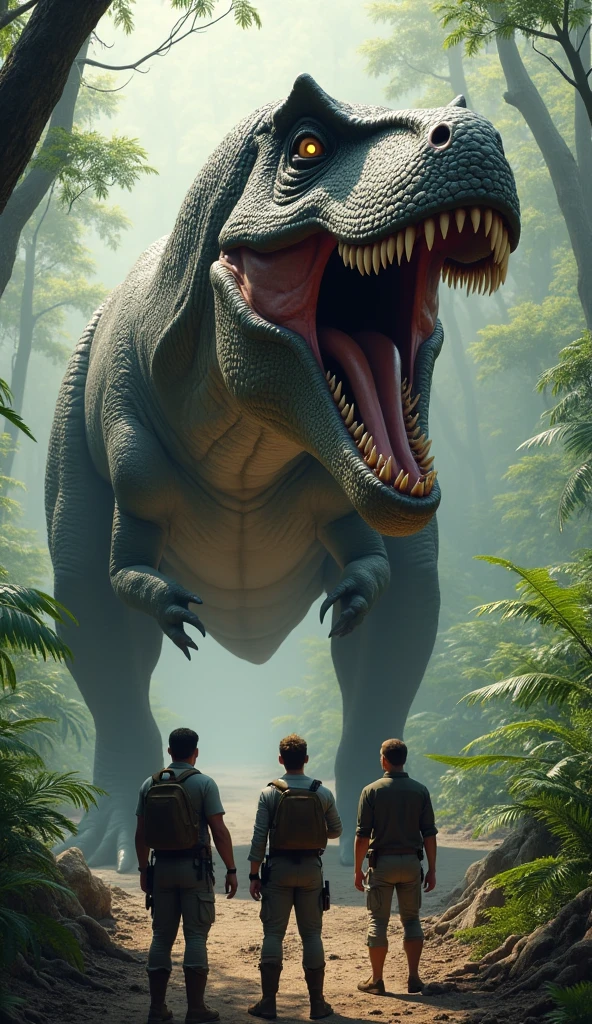The Tyrannosaurus rex roars at the 3 men