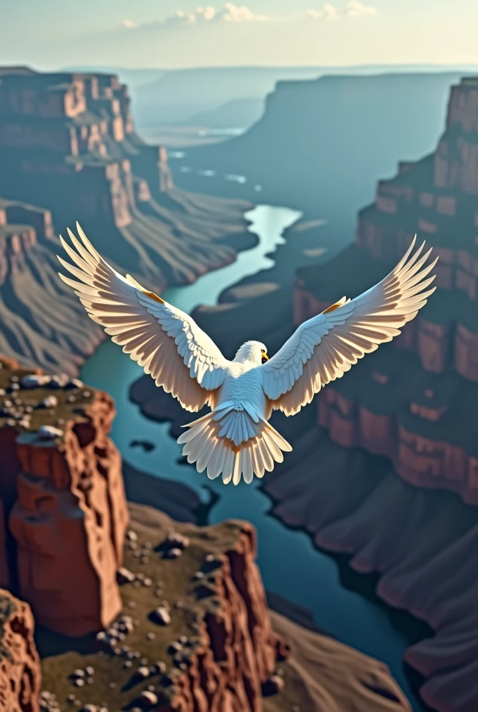 a sweeping, cinematic photograph showcasing a snowy white bald eagle's majestic form from directly behind, its feathers ruffled by the wind, as it soars low over the rust-hued, labyrinthine landscape of the Grand Canyon, its bright blue head feathers glistening in the warm, golden light, with the canyon's vast expanse stretching out into the distance, a faint mist rising from the depths, capturing the dynamic tension between the majestic bird and the awe-inspiring natural wonder, with a shallow depth of field, emphasizing the eagle's powerful wings and sleek body, set against a backdrop of earthen tones, with the distant landscape fading into a soft, hazy blue.
