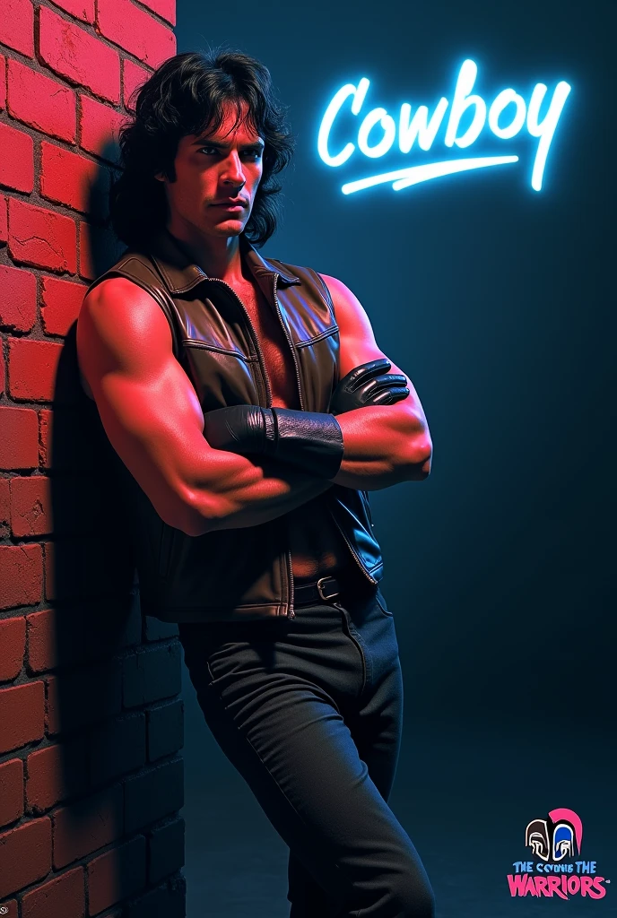 film The Warriors 1979 Stylized poster featuring a man (James Remar) leaning against a red brick wall. The man has white skin, shoulder-length hair and a dark gigachad face with a serious expression. He is wearing a sleeveless brown leather vest, classic retro black genuine leather gloves, middle finger gloves, a black belt with a large buckle and dark pants. His arms are crossed with his foot resting on the wall. The background is a dark blue to black gradient, transitioning into the red brick wall. The word 'COWBOY' is displayed in bright blue neon letters in the top right corner. In the bottom right corner, there is a two Spartan helmet logo with the text 'The Warriors' in graffiti style font.