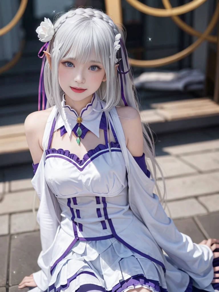 Highest quality、High resolution、Ultra-detailed、8k, Emilia、Emilia Masterpiece、Highest quality, In the castle courtyard, Bans, Clothes are white, 長いsleevemouth, just_shoulder, dull_前hair, Blurred, Blurred_background, Blurred_prospect, blush, Braid, chestout, huge breats,sexy body,chestの谷間, Closed_mouth, cloud, crown_Braiding, Tag, depth_In_Field, independent_sleeve, dress, Emilia_\(Again:Stay Night\), eyebrows_appear_Through_hair, flower柄, Precious stones, hair_flower, hair_Decorations have been removed, hair_ribbon, lens_Flare, length_hair, look up_in_Audience, low_length_hair, Moderate_chest, One_eye_Closed, Plein Air, Pleats_skirt, Spiky_ear, purple_eye, purple_ribbon, ribbon, Silver_hair, skirtの, null, Laughter, solo, very_length_hair, white_flower