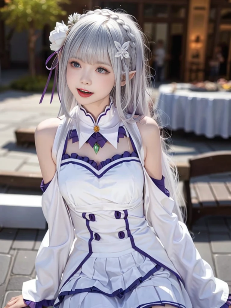 Highest quality、High resolution、Ultra-detailed、8k, Emilia、Emilia Masterpiece、Highest quality, In the castle courtyard, Bans, Clothes are white, 長いsleevemouth, just_shoulder, dull_前hair, Blurred, Blurred_background, Blurred_prospect, blush, Braid, chestout, huge breats,sexy body,chestの谷間, Closed_mouth, cloud, crown_Braiding, Tag, depth_In_Field, independent_sleeve, dress, Emilia_\(Again:Stay Night\), eyebrows_appear_Through_hair, flower柄, Precious stones, hair_flower, hair_Decorations have been removed, hair_ribbon, lens_Flare, length_hair, look up_in_Audience, low_length_hair, Moderate_chest, One_eye_Closed, Plein Air, Pleats_skirt, Spiky_ear, purple_eye, purple_ribbon, ribbon, Silver_hair, skirtの, null, Laughter, solo, very_length_hair, white_flower