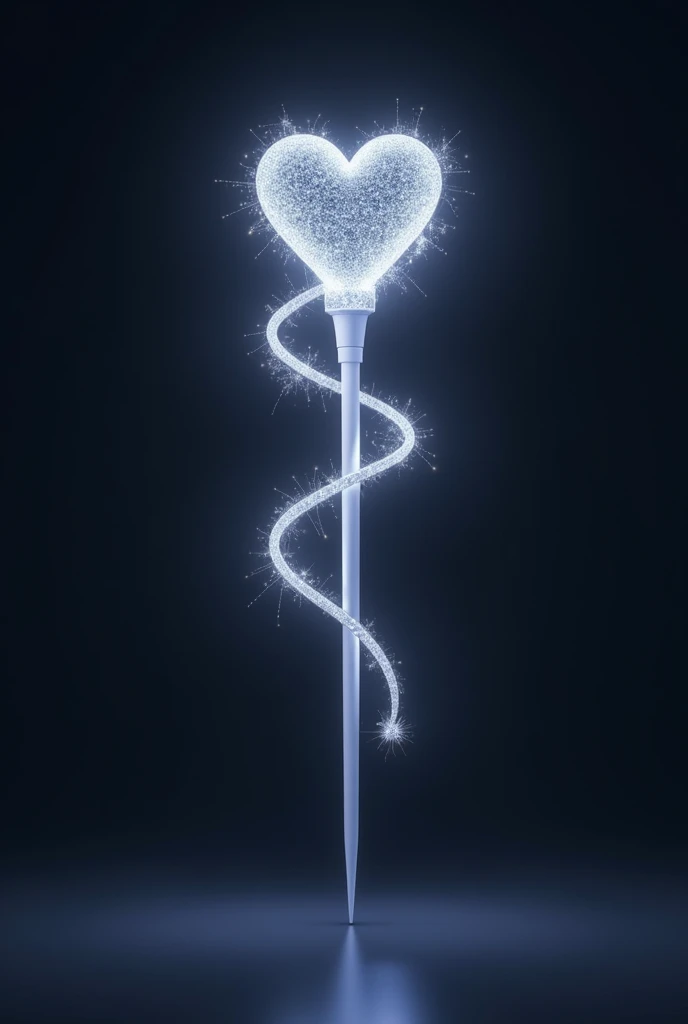 kpop lightstick but design as magic wand. elegant and cute. the lightstick emits silver light. sparkling and glowing in the dark. no hand. preview. the stick has on or off button. the stick is white about 15cm height. on top of stick is a love shape. silver diamond long pendant surrounded the stick. has sophisticated vibe.