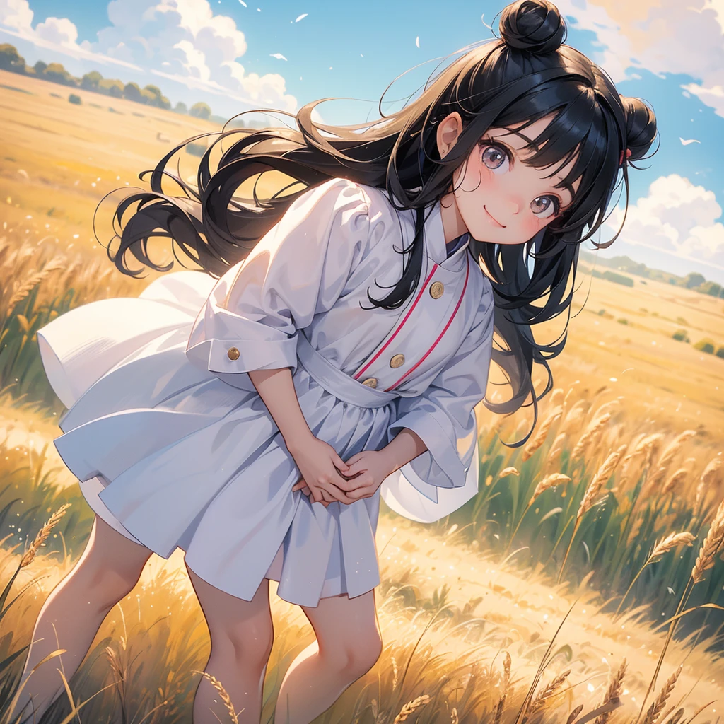 A chibi  girl had a small face and wearing a little tourist priest’s outfit, a pair of big round eyes shone with curiosity about him. This childso cute, her hair is black with buns on her hair. Small chibi , chibi baby, smil, chibi. 

Standing in the middle of a wheat field, There are some floating clouds.