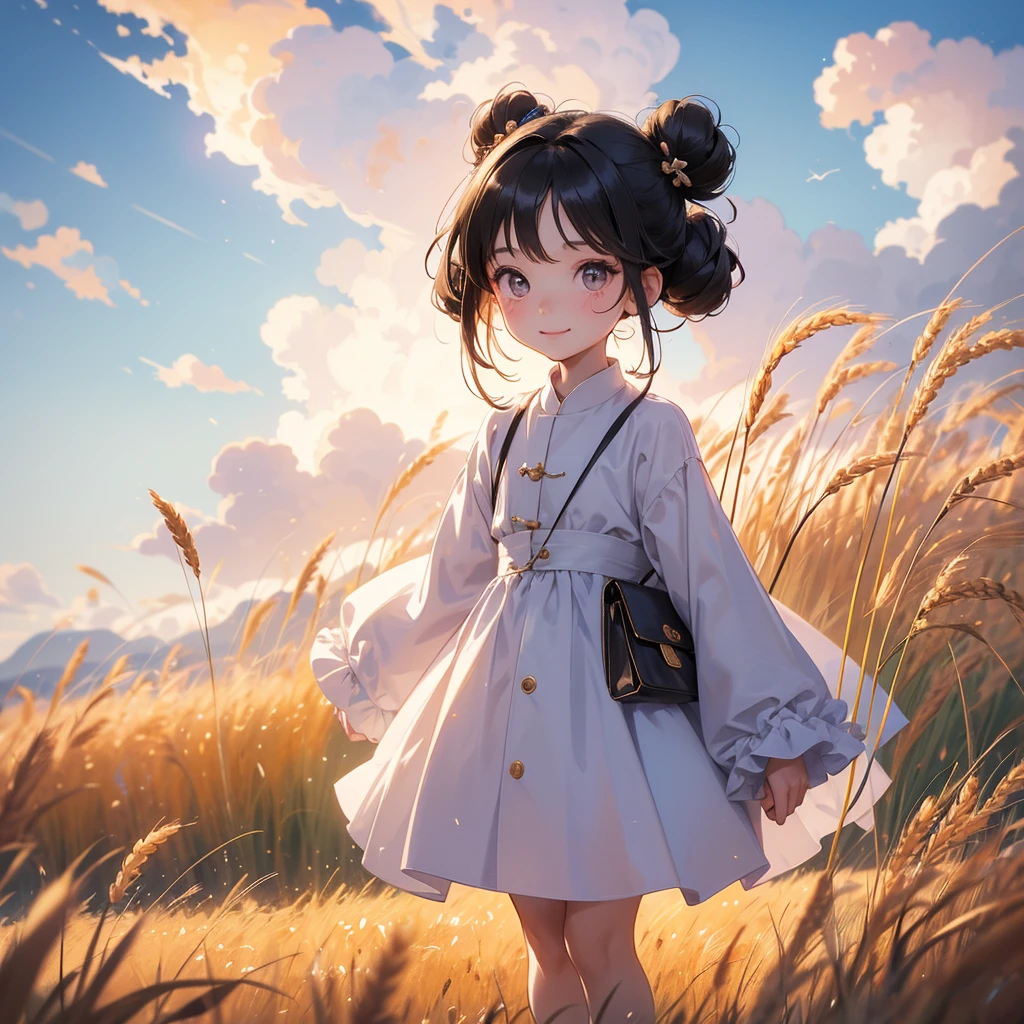 A chibi child girl had a small face and wearing a little tourist priest’s outfit, a pair of big round eyes shone with curiosity about him. This child was so cute, her hair is black with buns on her hair. Small chibi , chibi baby, smiling , chibi.
Standing in the middle of a wheat field, There are some floating clouds.