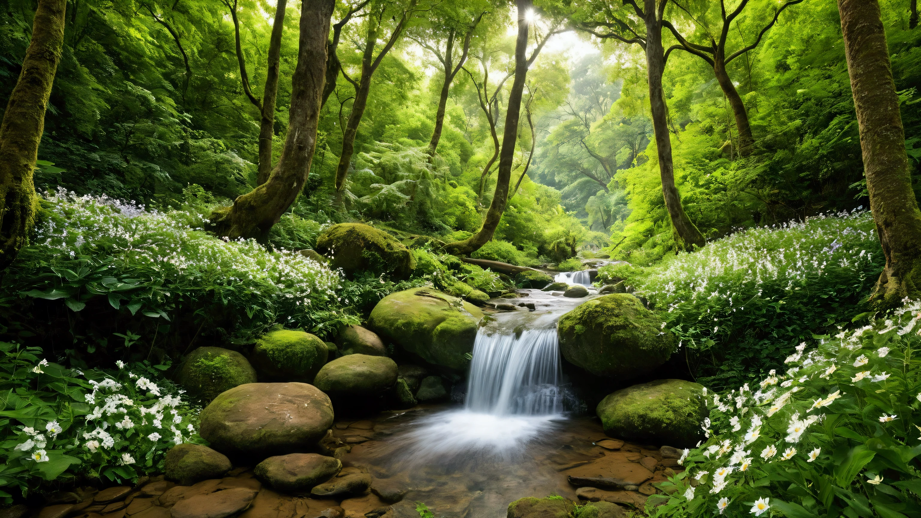 A tranquil, high-resolution image capturing the serene experience of being deep in a lush green forest. Towering emerald trees stretch towards the sky, their dense foliage creating a natural canopy. Sunlight filters through the leaves, casting dappled patterns on the forest floor. Through the gaps in the trees, a clear blue sky with fluffy white clouds is visible. In the distance, two cascading waterfalls—one large and one smaller—pour down gracefully, their white streams blending with the green surroundings. A crystal-clear stream flows gently from the base of the waterfalls, winding through a vibrant carpet of lush grass dotted with colorful wildflowers. A playful squirrel leaps across the scene while birds flutter gracefully among the trees, adding life and movement to this peaceful, nature-filled setting.