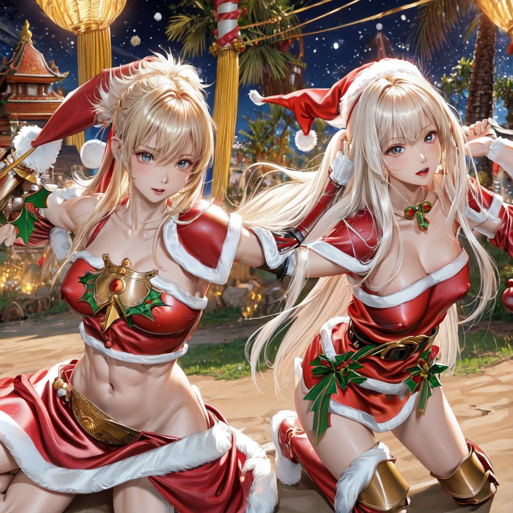 Combat posture,1girl,(超Fine肌),Curvaceous,Beautiful breasts,Big Breasts,Fair skin,Pointy breasts,勃起Nipples, Lively Overview, Nipples, (Transparent box)、覆われたNipples、Beautiful areola、Tight Abs、Bumps in the crotch area、Emphasis on the crotch, (Fantasy art,最high resolution,Hyperrealist portrait,(8k),Ultra-realistic,最high resolution,high resolution,High definition,High quality,High definition,beauty,Fine,超FineCG,Fine質感,Realistic facial expressions,masterpiece,Sense of presence,dynamic,Bold),(Thinning hair),(Soft hair),(Straight Hair): 1. 5),(Long bangs),(Light amber hair),(Hair above one eye),((Clothes:1.5),(Leather boots),(Leather Gauntlets),(Santa Dress Armor:1.5),(Silk Long Sarong:1.5))),Gundam Body