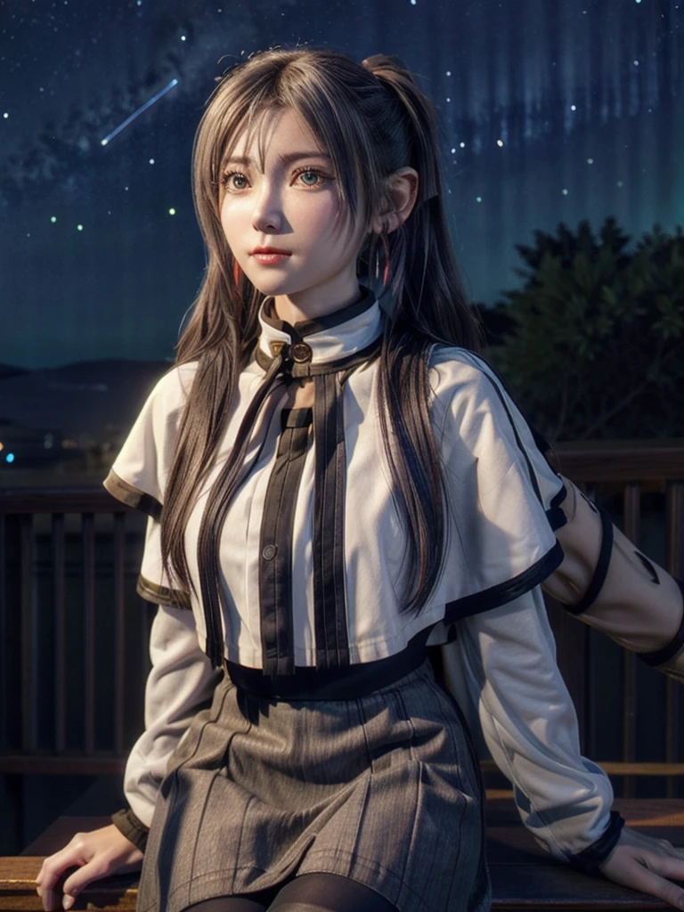 One person,alone,Fairy,Gray Hair, Grey Hair, Earrings, Pointed Ears, Long Hair, ponytail, Green Eyes, Twin tails, Parted bangs, Thick eyebrows,
Capelet with collar, White capelet, Striped shirt, Long sleeve,Striped, White Skirt,
pantyhose,
Night Sky, performer, Milky Way, milky way,