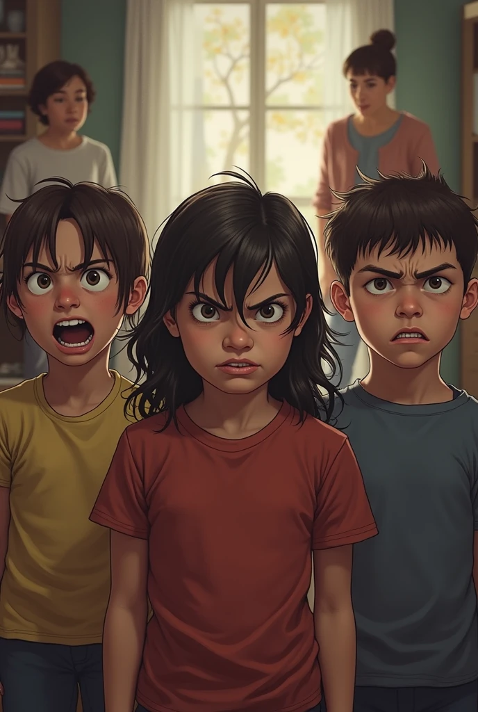 Three children rebellious to their parents with angry faces