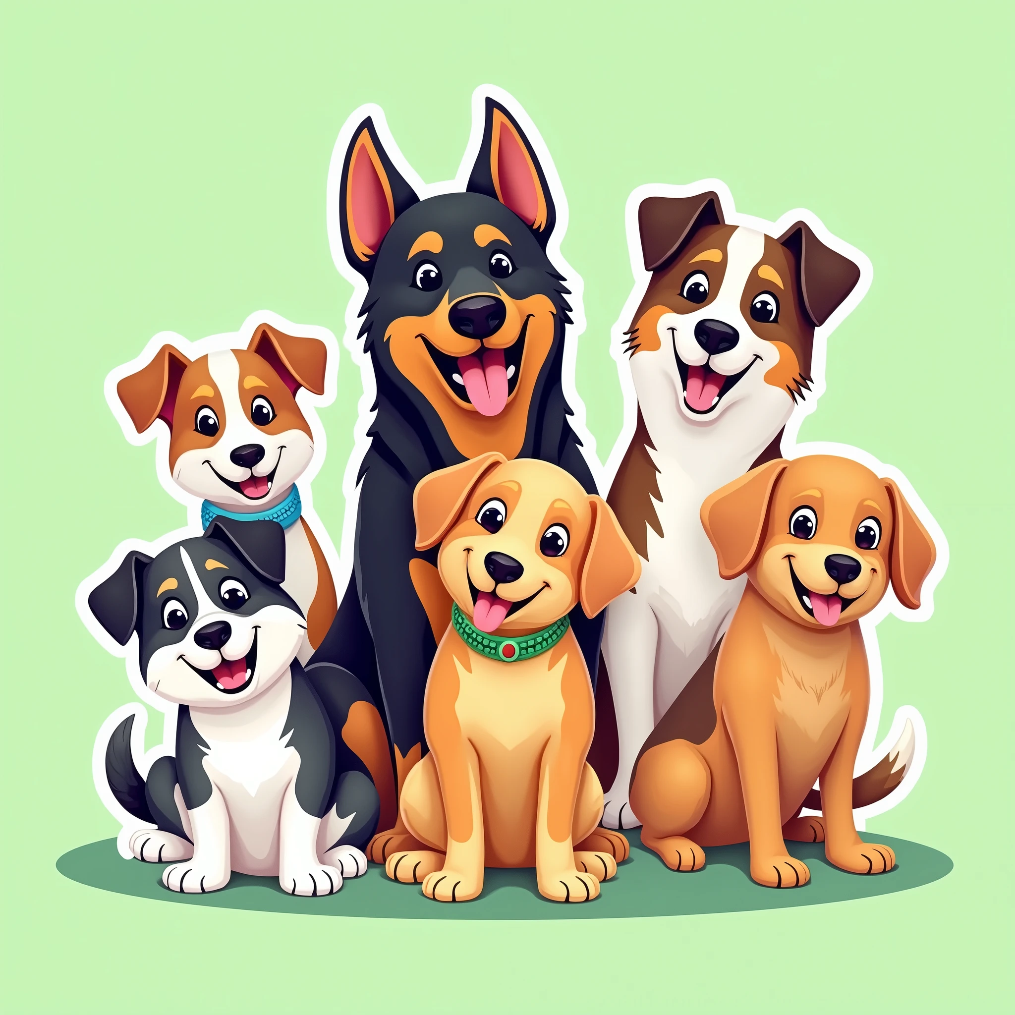 (best quality,4k,8k,highres,masterpiece:1.2),ultra-detailed,(realistic,vector,logo), dogs characters (1 Husky, 1 Rottweiler, 1 Pointer, 1 Jack Russell Terrier, 1 Golden and 2 others),vector flat illustration,cartoon style, sticker,green background,dynamic,vibrant colors,clean design,minimalist,playful,whimsical,fun,energetic,humorous,appealing,attractive,iconic,brand mascot,brand identity,brand : flat sticker vector 2d