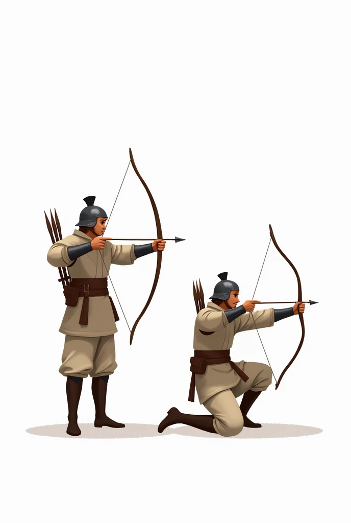 Creat two anciets light bow soldiers on standing and ahooting other on one knee and shooting facing in same direction white background and 2d art withiut complexities make little space inside them more simple withiut detail
