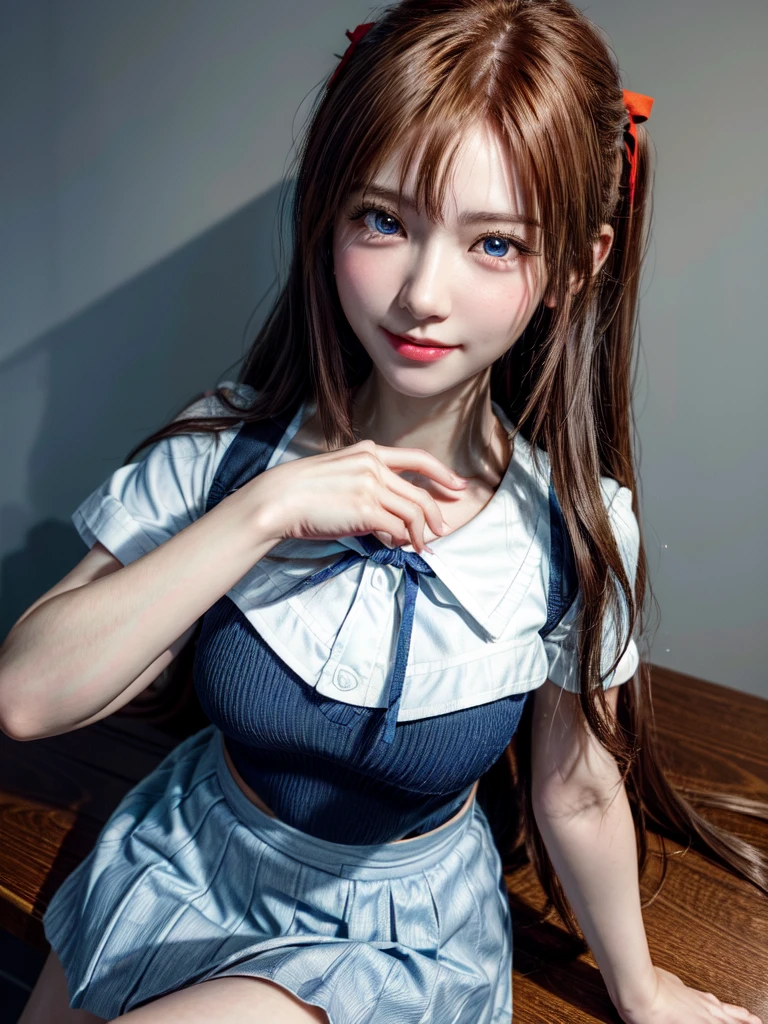 (8k, Highest quality, The pieces fly:1.2)、Ultra-high resolution、anime,1. Very cute,Asuka Langley,Highly detailed face, Fine grain,blue eyes,,White sailor collar plain short sleeve shirt,Light blue skirt,Light blue suspenders,uniform_Red ribbon,Orange Hair,Long Hair、Detailed hand and fingers,put your hands in your hair,Grin、sitting on desk,Shooting from above,classroom