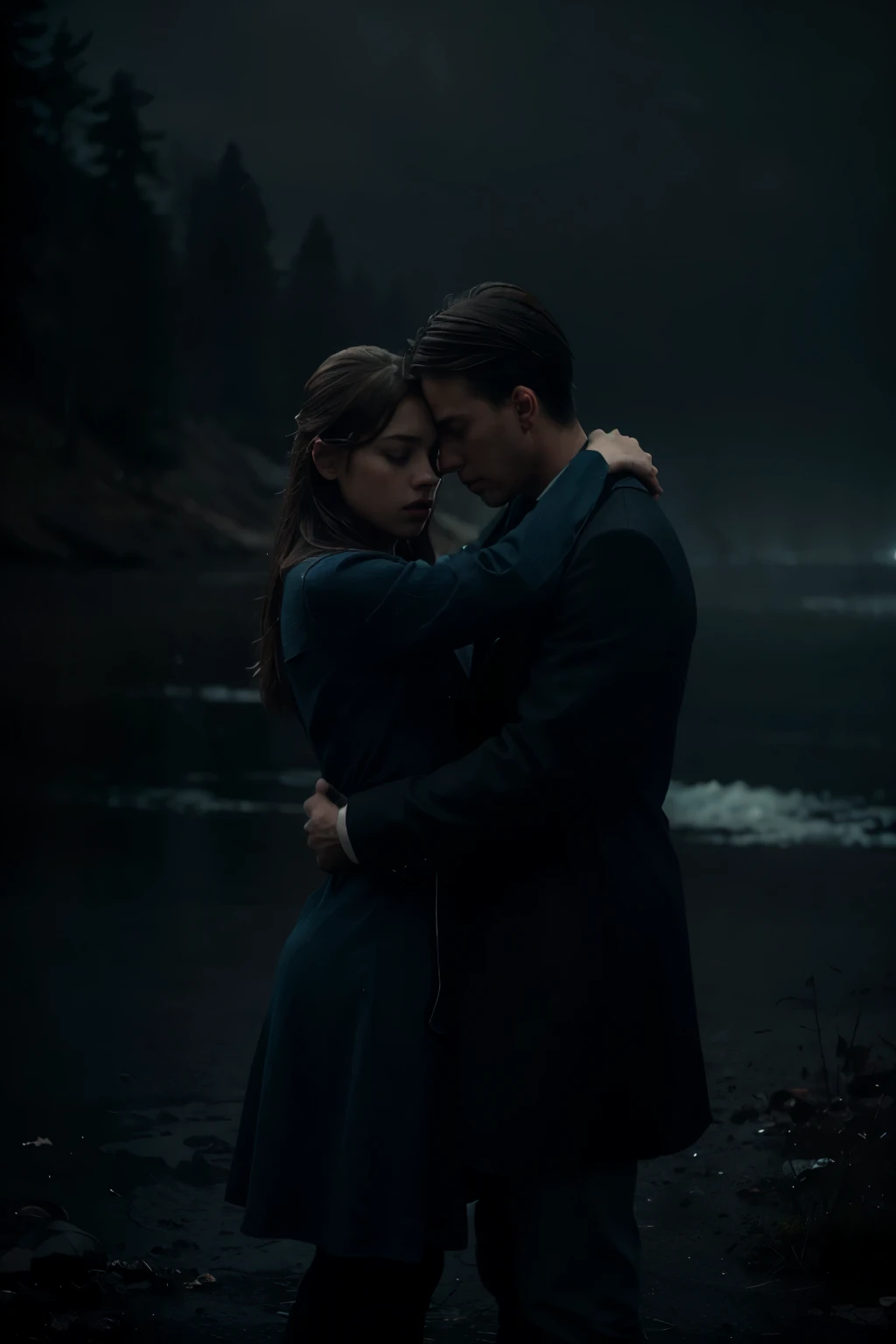 a man and a woman parting ways, dramatic emotional separation, melancholy, sad expressions, gloomy atmosphere, cinematic lighting, muted color palette, cold blue tones, dramatic chiaroscuro, photorealistic, highly detailed, 8k, (masterpiece:1.2), (realistic:1.37), cinematic composition, emotive, bittersweet, heart-wrenching, soulful, evocative, powerful, visceral