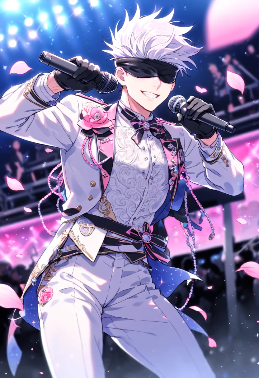 Ultra detailed, Highres, absurdres, HDR, master piece, Gojou Satoru, white hair, black blindfold, covered eyes, blindfolded eyes, Jujutsu Kaisen, sexy man holding a microphone, solo, idol, white idol clothes with trimmings, pink petals, glittering, black gloves, pink flowers, sensual, fantasy, idol stage, concert, manly man, horny, erotic, handsome smile