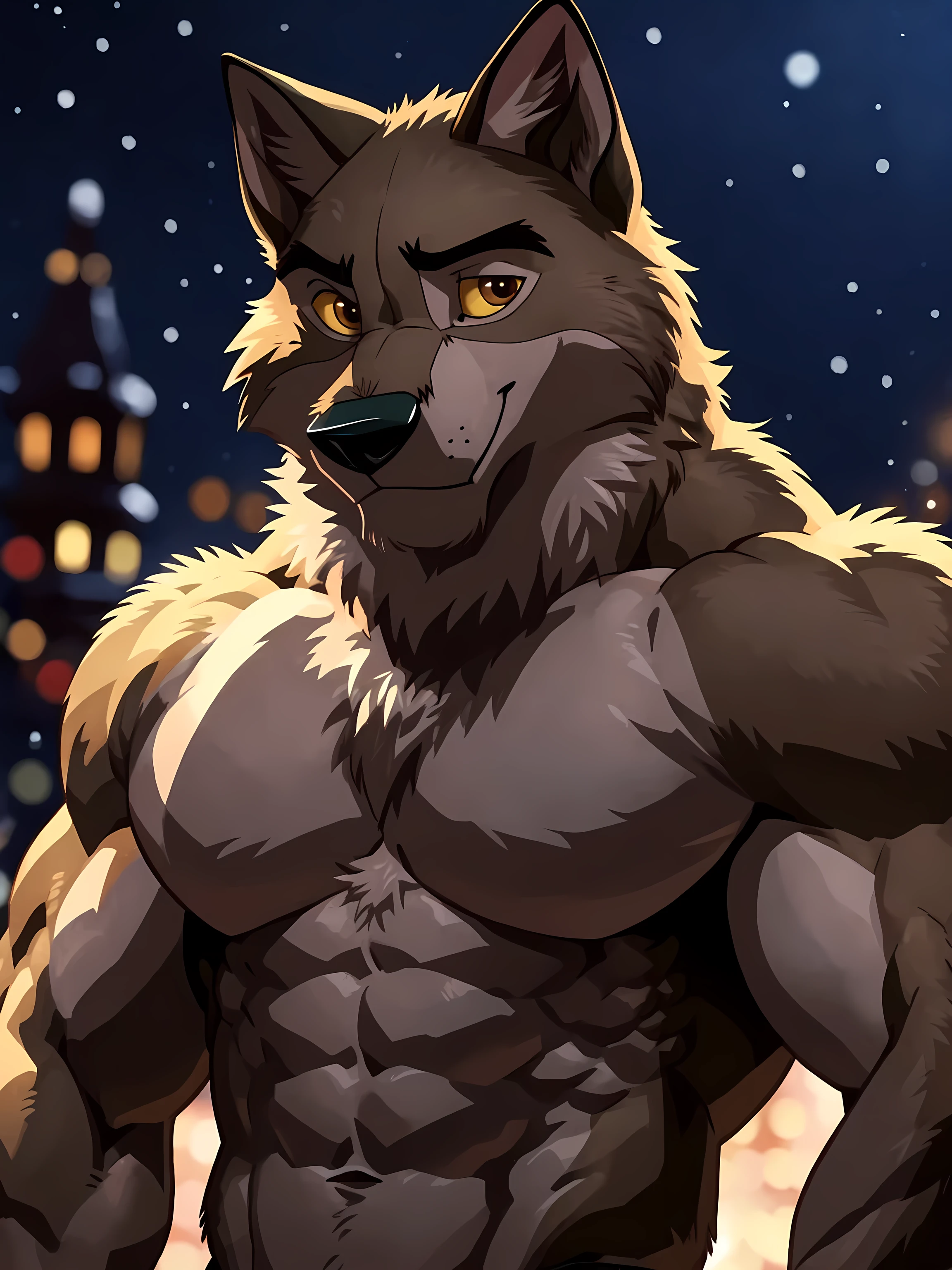 balto, baltowd, brown eyes, yellow sclera, adult, masculine, male, anthro body, very muscular:1.1, muscles:1.1, strong chest, pectorals, abs, biceps, (blurry background, out-of-focus background):1.3, night, winter background, detailed eyes, high quality, high resolution, detailed, stern face, subtle smile, half body, upper body, wfa style, negger style, cel shaded:1.2