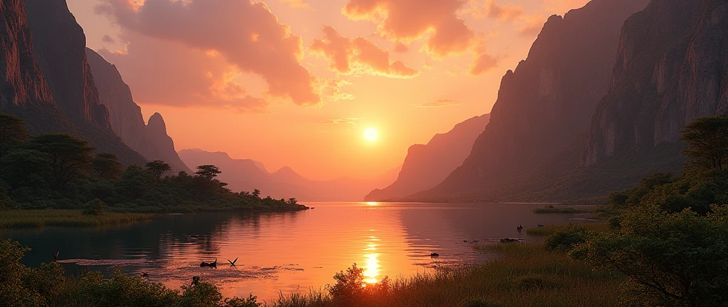 a stunning scenic landscape of the african wilderness, beautiful sunrise over a serene lake, dramatic cinematic lighting, majestic rocky formations, no animals or evil, breathtaking vista, ultra-detailed, (best quality,4k,8k,highres,masterpiece:1.2),ultra-detailed,(realistic,photorealistic,photo-realistic:1.37),dramatic lighting,cinematic composition