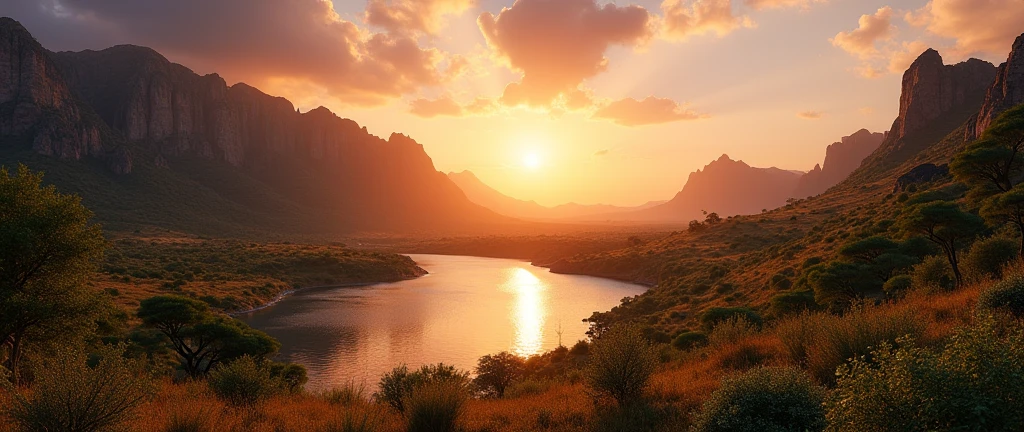 a stunning scenic landscape of the african wilderness, beautiful sunrise over a serene lake, dramatic cinematic lighting, majestic rocky formations, no animals or evil, breathtaking vista, ultra-detailed, (best quality,4k,8k,highres,masterpiece:1.2),ultra-detailed,(realistic,photorealistic,photo-realistic:1.37),dramatic lighting,cinematic composition