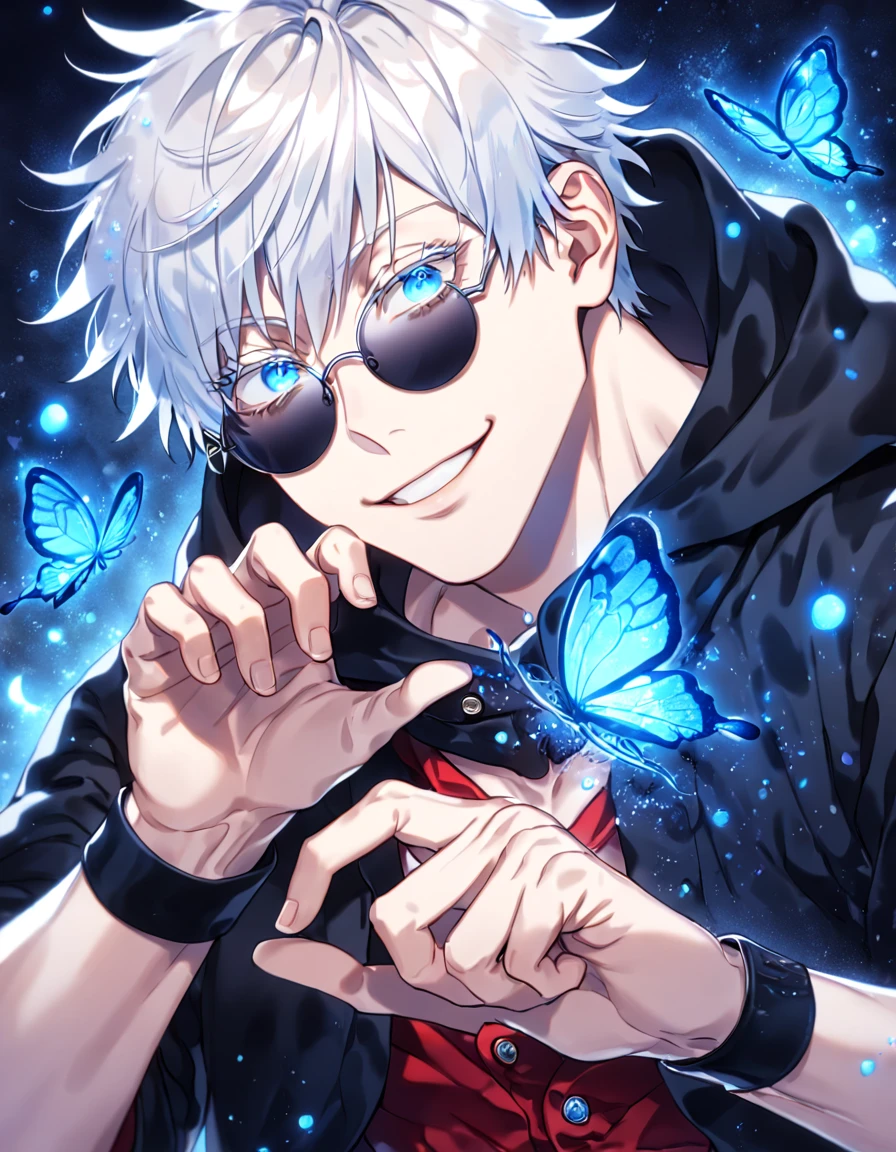 absurdres, highres, ultra detailed, HDR, master piece, best quality, extremely detailed, detailed face, Gojou Satoru, white hair, expressive blue eyes, white eyelashes, Jujutsu Kaisen, solo, sexy man, handsome, smile, manly man, black coat, hooded red vest, black wrist band, round black sunglasses, magical, fantasy, under a blue tree, blue flames, blue moon, blue fireflies, blue roses, blue butterflies, glass magic