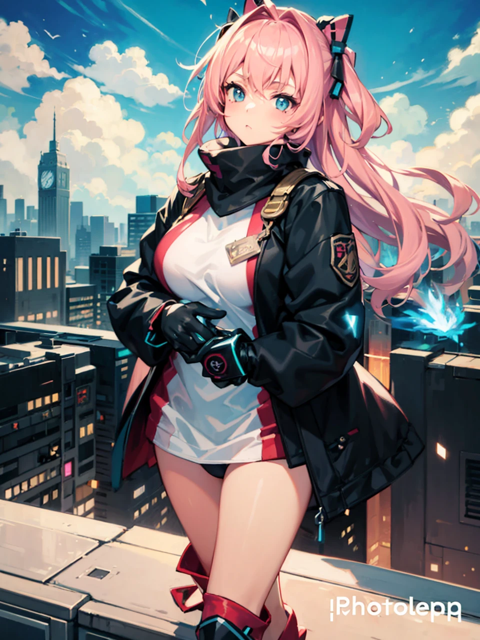 1girl, masterpiece, beautiful pink hair, beautiful eyes, black blouse t-shirt, no pants, white bikini panties, standing up, stockings, fun shoes, big breasts, sittin down, partially spread legs