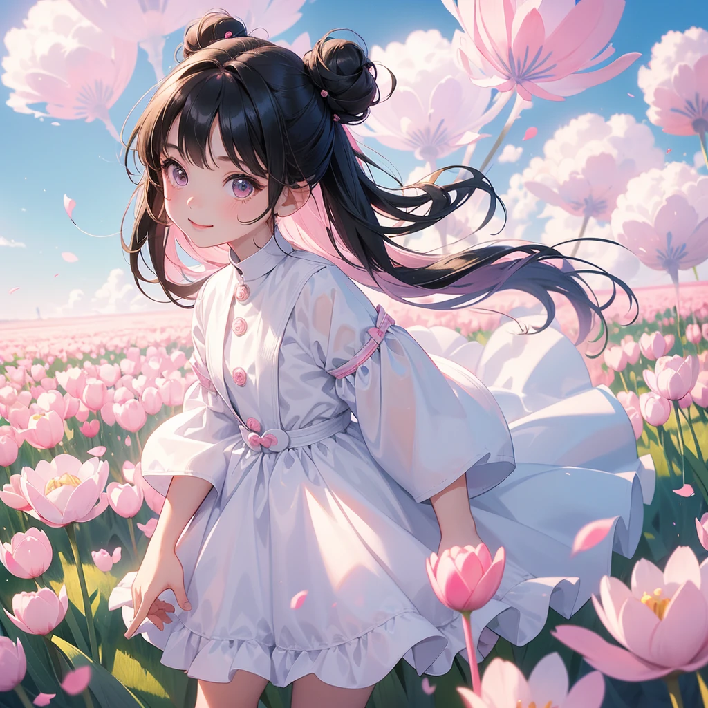 A chibi child girl had a small face and wearing a white little tourist priest’s outfit, a pair of big round eyes shone with curiosity about him. This child was so cute, her hair is black with buns on her hair. Small chibi , chibi baby, smiling , chibi.
Standing in the middle of pink tulip field, There are some floating clouds.