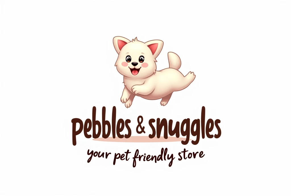 create a banner for a pet shop that contains a cute kawaii white dog jumping over an obstacle while he seems happy, the background is white, there isn't any human, the dog is jumping over a text showing "PEBBLES & SNUGGLES", underneath the text, it's written,"your pet friendly store". (( this is a banner for a shop )), no background
