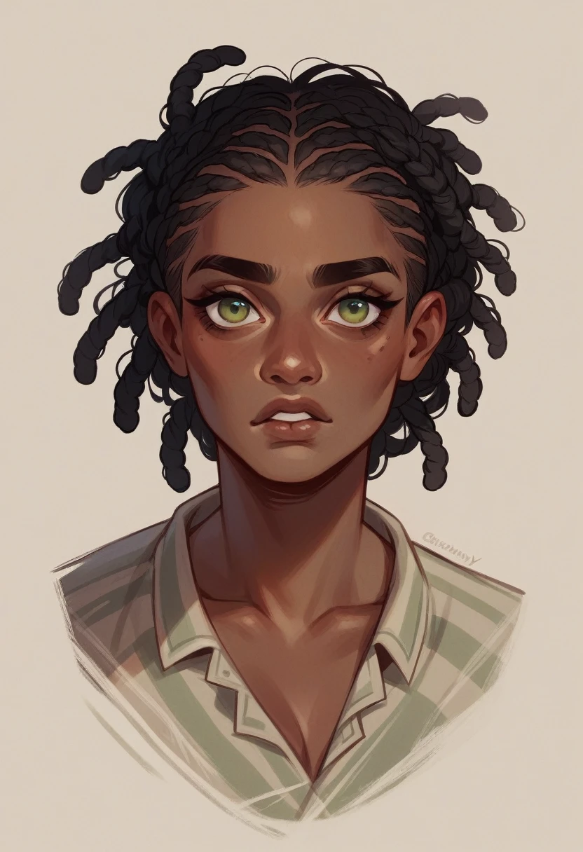 Eleny Bloom, 2, engineer, airhead but very intelligent, mixed race Latina African, olive green eyes, dark complexion, straightened and tied black hair