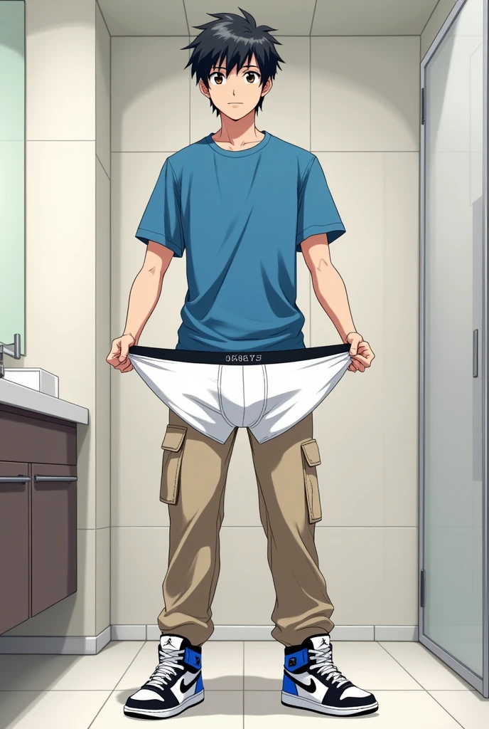 into the image, a cool ager , with white skin and straight black hair, is posing in a bathroom. He wears a blue t-shirt and beige cargo pants., complemented by a pair of Air Jordan sneakers in blue, black andwhite. The young man is holding only a pair of underwear (of the boxer model), this underwear is white (medium-sized) with both hands, displaying it to the "Camera", with a happy and relieved expression. The bathroom in the background is modern and minimalist., with details like a large mirror and light tiles. The teen's expression is relaxed and a little amused., giving a casual and informal tone to the image, In anime style, ele segura apenas uma cueca of the boxer model medium-sized!