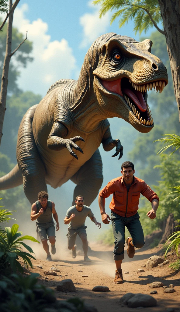 The Tyrannosaurus rex chases the 3 men