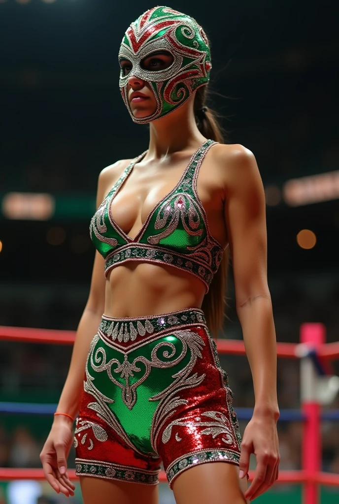Create me a unique 2-piece sequin women's wrestling costume with the typical wrestling design and a mask with the colors of the Mexican wrestling flag that is also very creative.