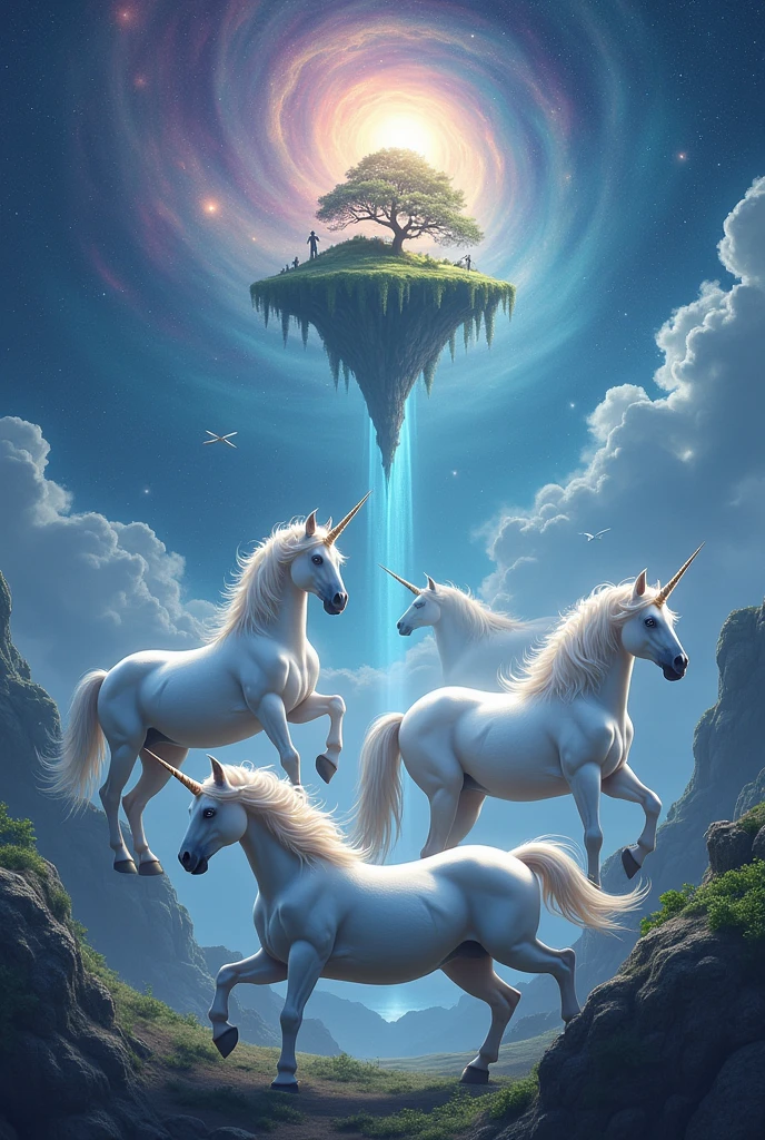 Several unicorns in outer space with a unicorn island