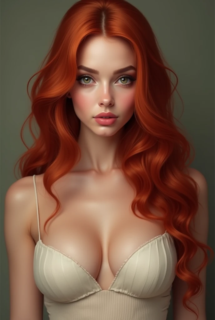 a woman with Light red hair down to the waist, very fair skin, realistic shaded perfect body, long red hair and large green eyes, beautiful girl, woman, art 4 k, realistic digital art 4k, bimbo body, Perfect nose, full lips, flawless makeup, eye shadow makeup, (big breasts) cum on face, cum on breasts