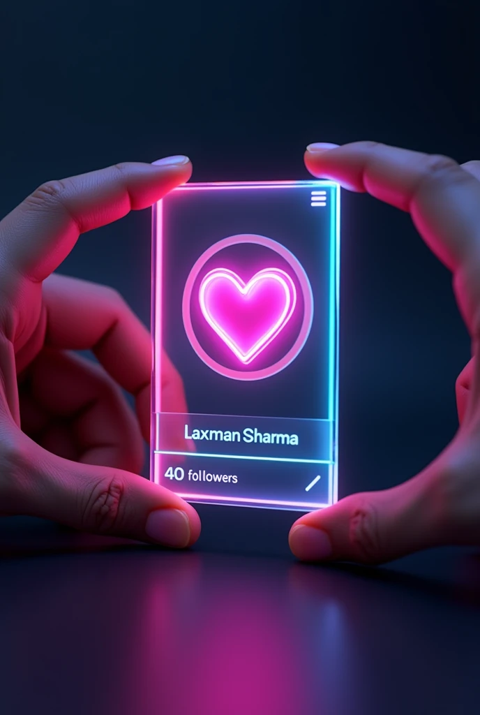 Create a instagram profile on glass id card on a Black desk displaying instagram logo and realistic profile photo of a pink heart in circle and " laxman sharma" is written in bold fonts under the profile photo and 40 Followers written, the instagram card is glowing in pink and blue color on the edge, One corner is held with two fingers