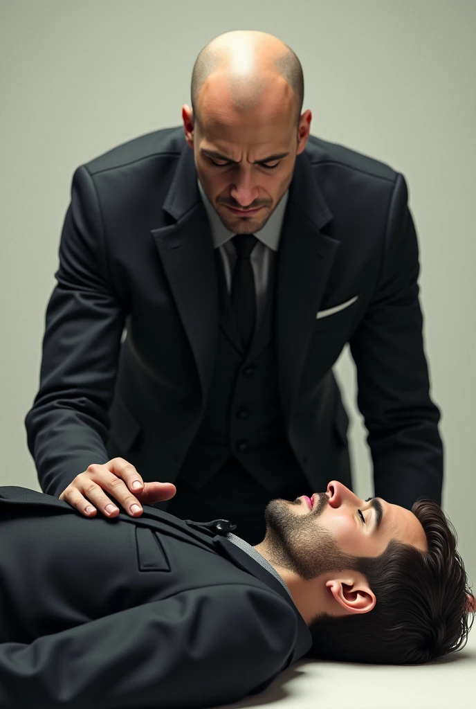 Bald man with another man lying down