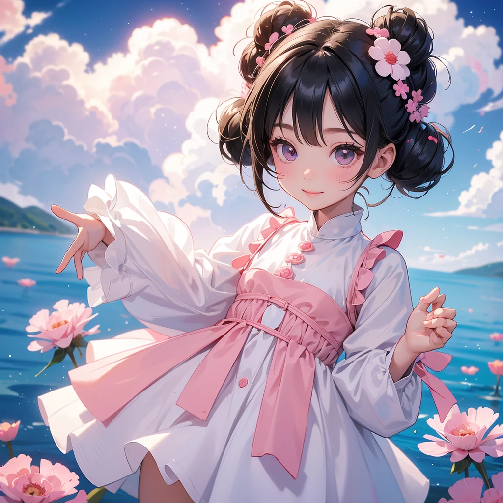 A chibi child girl had a small face and wearing a white little tourist priest’s outfit, a pair of big round eyes shone with curiosity about him. This child was so cute, her hair is black with buns on her hair. Small chibi , chibi baby, smiling , chibi. 

Standing in the middle of pink carnations, There are some floating clouds.