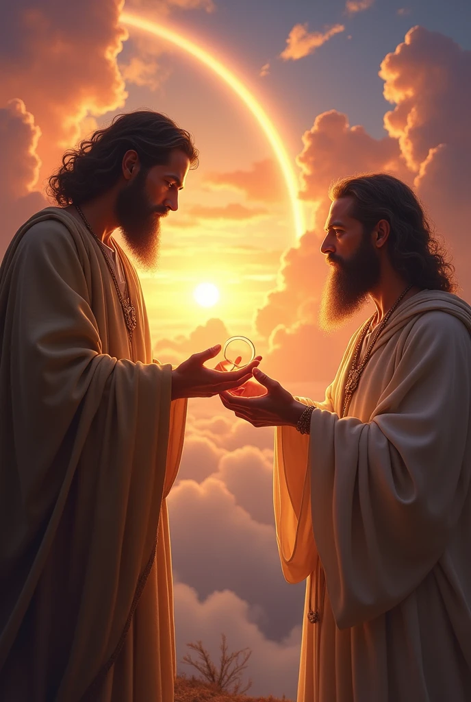 To create this image, imagine God,  handing a ring to the man standing out against a sacred background. 
Ao fundo, the sunset lights up the sky, with a rainbow crossing the horizon, symbolizing the divine promise. The surrounding environment is serene and divine, with soft clouds and an aura of peace and holiness.
