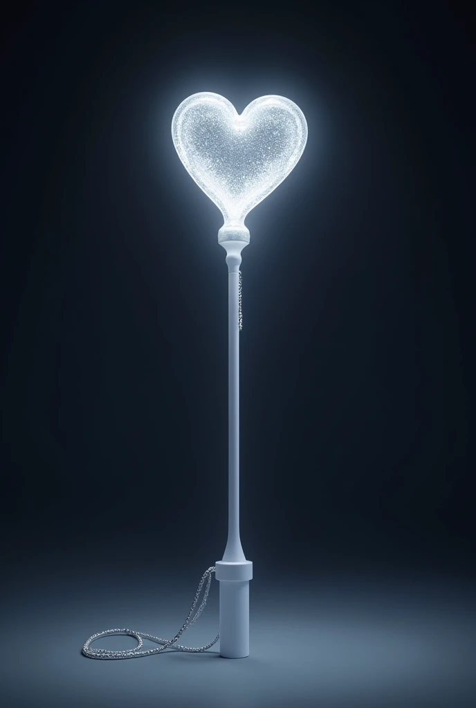 kpop lightstick but design as magic wand. elegant and cute. the lightstick emits silver light. sparkling and glowing in the dark. no hand. preview. the stick has on or off button. the stick is white only 15cm height. on top of stick is a love shape. silver diamond long chain on the stick. has sophisticated vibe. 